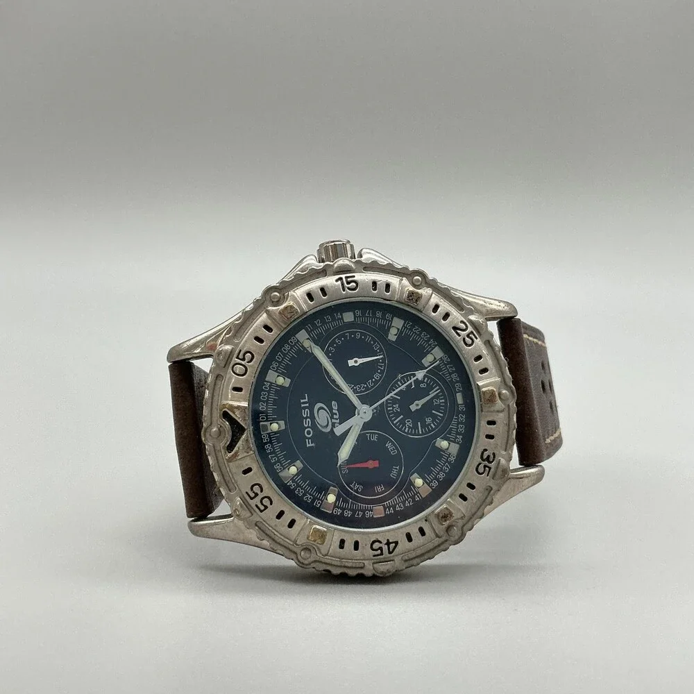 Fossil Blue Mens Watch 40mm Blue Dial Silver Tone Leather Multi New Battery